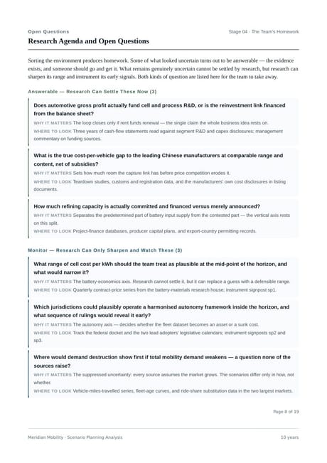 Report page — The research agenda — questions for the team